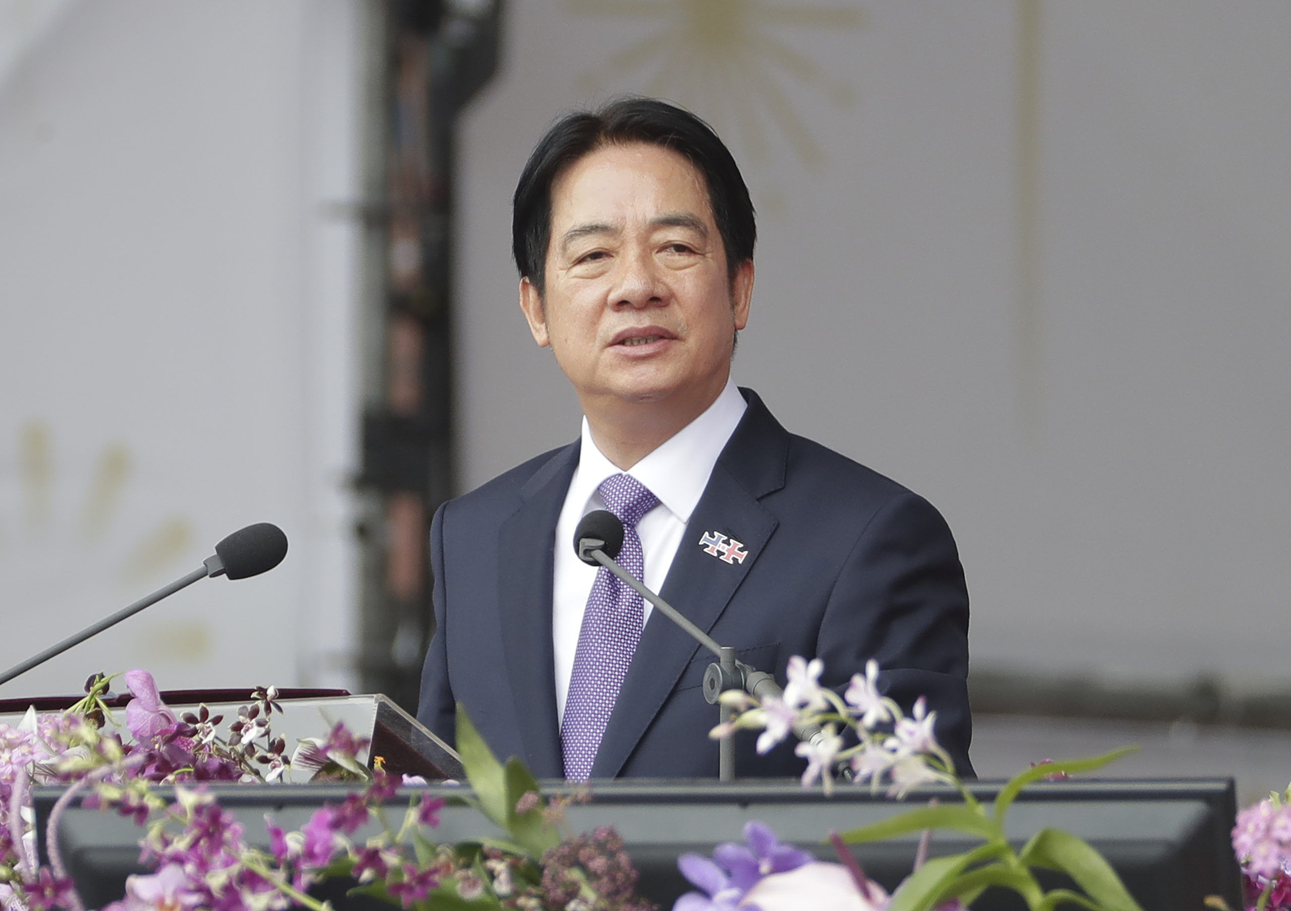 Taiwanese President Lai Ching-te delivers a speech during National Day celebrations in front of the Presidential Building in Taipei, Taiwan, on Thursday.