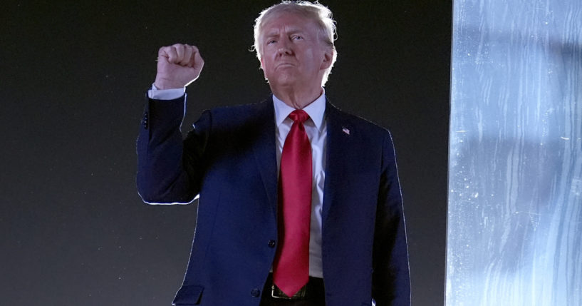 Former President Donald Trump gestures as he concludes speaking at a campaign event at the Butler Farm Show in Butler, Pennsylvania, on Oct. 5.