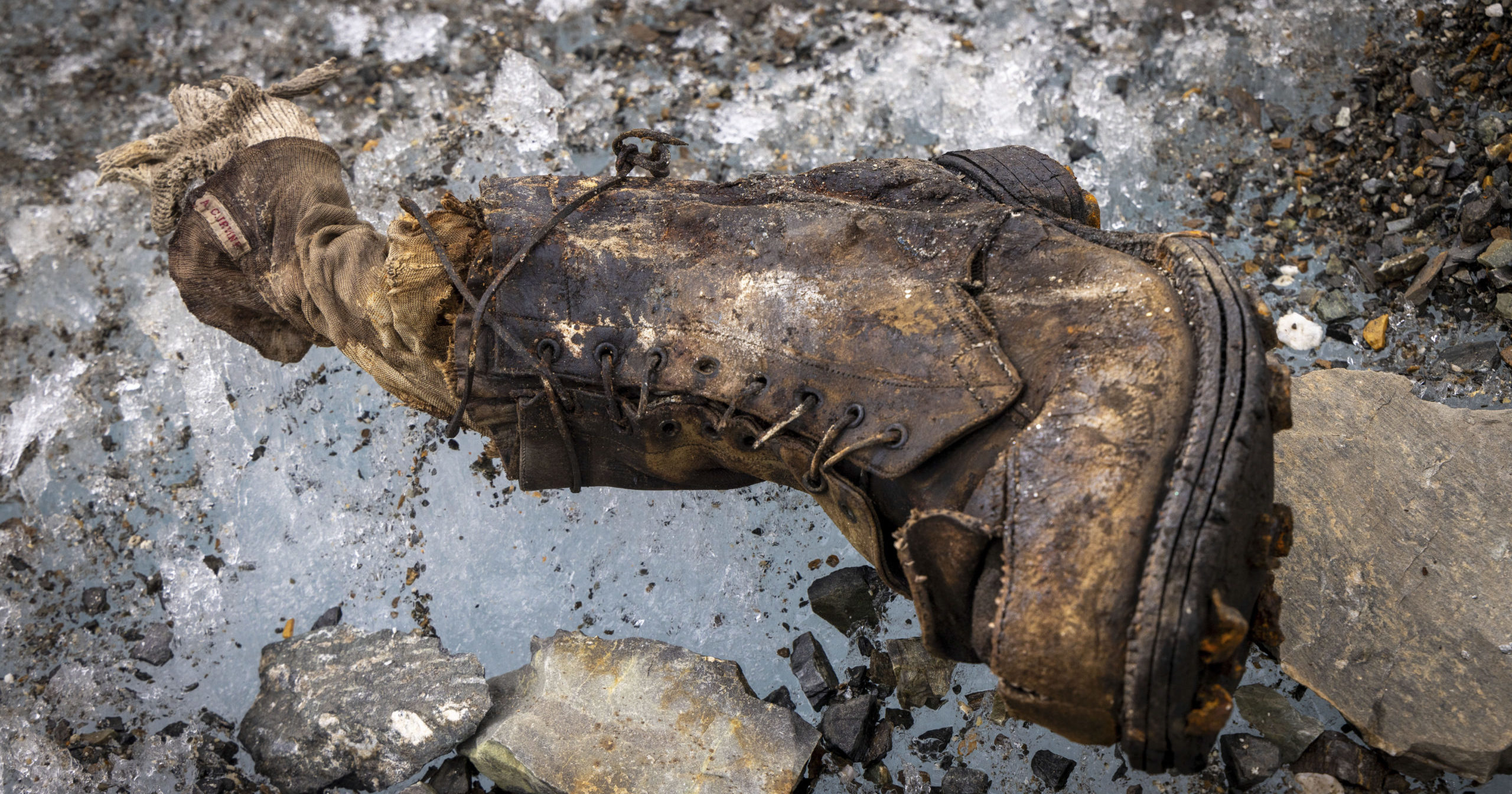 Remains of a booted foot found on Mt. Everest.