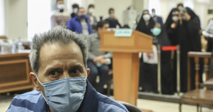 Iranian-German national and U.S. resident Jamshid Sharmahd attends his trial at the Revolutionary Court, in Tehran, Iran, on Feb. 6, 2022.