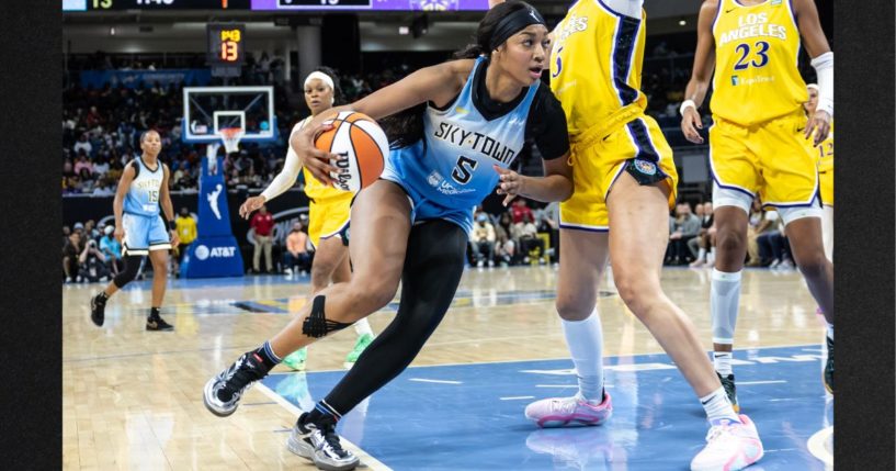 Angel Reese of the Chicago Sky drives into the paint against the Los Angeles Sparks during the first quarter at Wintrust Arena on Sept.6, in Chicago, Illinois. Reese remarked this week that her five-figure WNBA salary doesn't even come close to paying her bills.