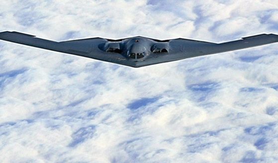 A B-2 Stealth Bomber flies somewhere over the state of Missouri on a training mission to Alaska on Oct. 30, 2002.