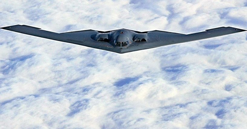 A B-2 Stealth Bomber flies somewhere over the state of Missouri on a training mission to Alaska on Oct. 30, 2002.