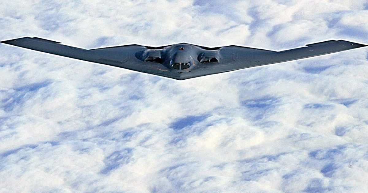 A B-2 Stealth Bomber flies somewhere over the state of Missouri on a training mission to Alaska on Oct. 30, 2002.