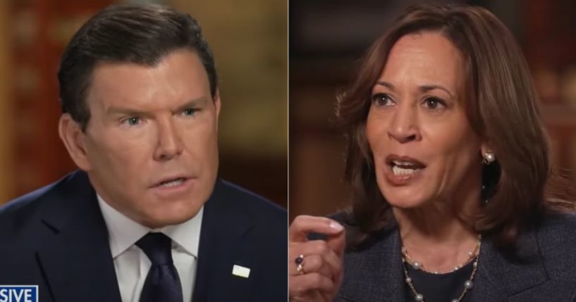 Fox New' Bret Baier, left, went on record to explain what was happening behind the scenes of his interview with Vice President Kamala Harris, right, on Wednesday.