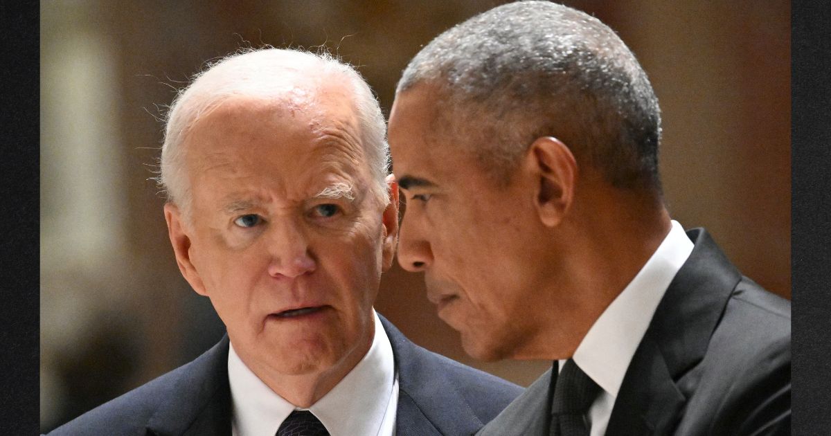 President Joe Biden, left, had what appeared to be an intense conversation with former President Barack Obama at a memorial service Wednesday for Ethel Kennedy in Washington, D.C.