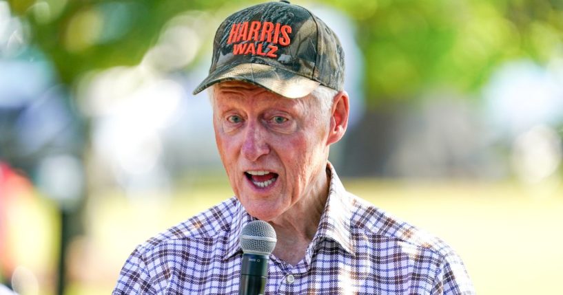 Former President Bill Clinton speaks in support of the Harris-Walz presidential campaign during the Fort Valley GOTV Community Fish Fry in Fort Valley, Georgia, on Sunday.