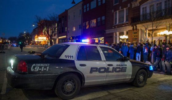 In a file photo from Jan. 7, 2016, a Burlington Police car blocks the road outside of the Flynn Center for the Performing Arts where then-Republican presidential front-runner Donald Trump was hosting a campaign event. Burlington has struggled with a growing crime problem since its leftist city council voted to cut its police force in solidarity with the "defund the police" movement of 2020.