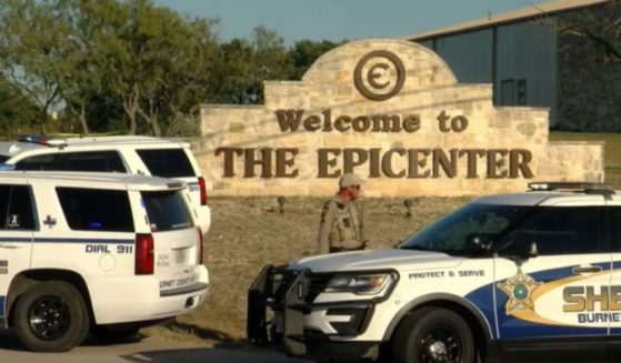 Police are pictured outside of Epicenter Church in Burnet County, Texas, after shots were fired at two men by a security