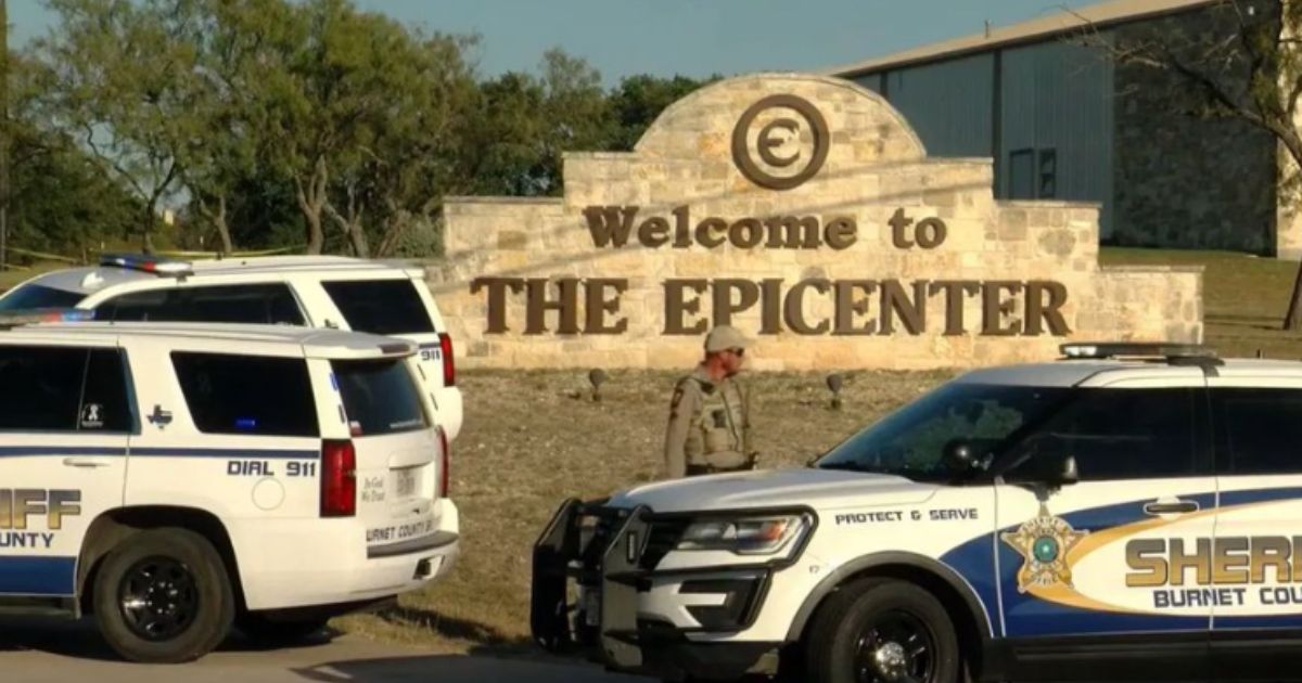 Police are pictured outside of Epicenter Church in Burnet County, Texas, after shots were fired at two men by a security