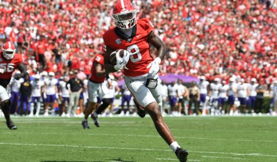 Colbie Young of the Georgia Bulldogs scores on a touchdown catch during a game between Tennessee Tech and University of Georgia in Athens, Georgia, on Sept. 7.