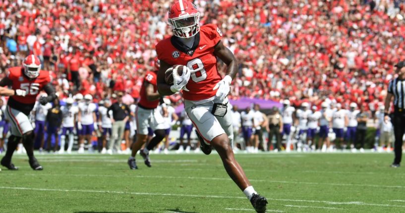 Colbie Young of the Georgia Bulldogs scores on a touchdown catch during a game between Tennessee Tech and University of Georgia in Athens, Georgia, on Sept. 7.