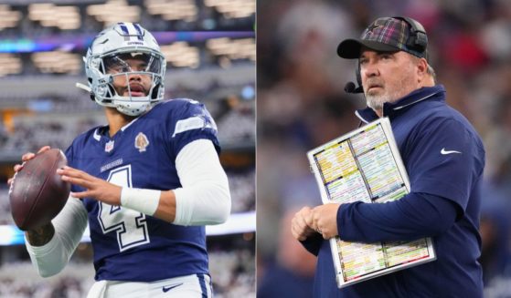 Dallas Cowboys head coach Mike McCarthy, right, could only look on in shock as the Detroit Lions pummeled the Cowboys, lead by quarterback Dak Prescott, left, during the game in Arlington, Texas, on Sunday.