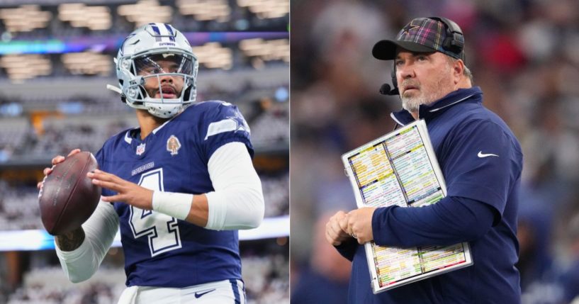 Dallas Cowboys head coach Mike McCarthy, right, could only look on in shock as the Detroit Lions pummeled the Cowboys, lead by quarterback Dak Prescott, left, during the game in Arlington, Texas, on Sunday.