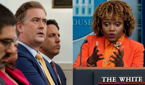 Fox News White House corespondent Peter Doocy, left, has fired back after he was accused by White House press secretary Karine Jean-Pierre, right, of spreading misinformation while asking a question about hurricane relief on Monday.