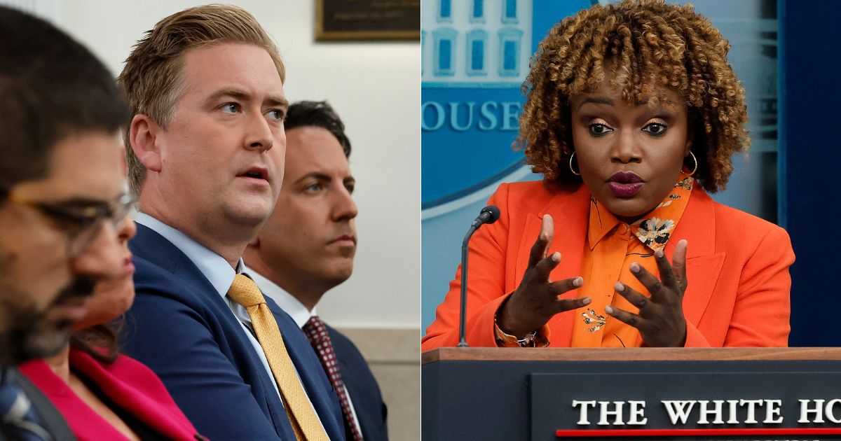 Fox News White House corespondent Peter Doocy, left, has fired back after he was accused by White House press secretary Karine Jean-Pierre, right, of spreading misinformation while asking a question about hurricane relief on Monday.