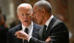 President Joe Biden speaking with former President Barack Obama at the memorial service for Ethel Kennedy on Oct. 16, 2024.