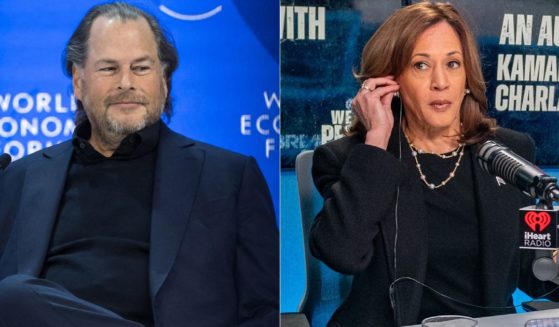 Time magazine owner Marc Benioff, left, posted a rant about Vice President Kamala Harris, right, on social media on Sunday after she repeatedly denied interview requests with Time magazine.