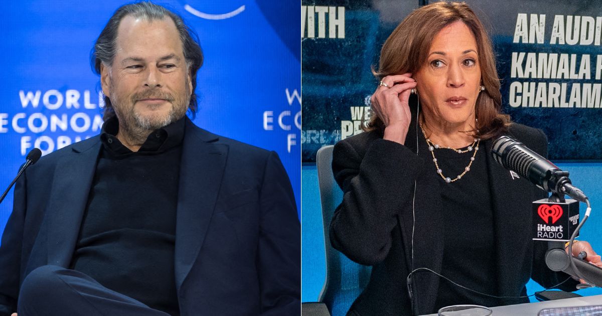 Time magazine owner Marc Benioff, left, posted a rant about Vice President Kamala Harris, right, on social media on Sunday after she repeatedly denied interview requests with Time magazine.