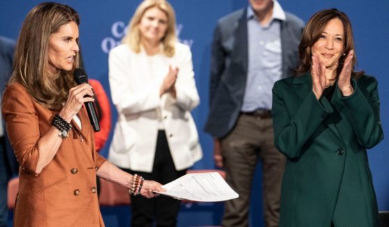 Maria Shriver, left, moderated a town hall for Vice President Kamala Harris, right, in Oakland County, Michigan, on Monday.