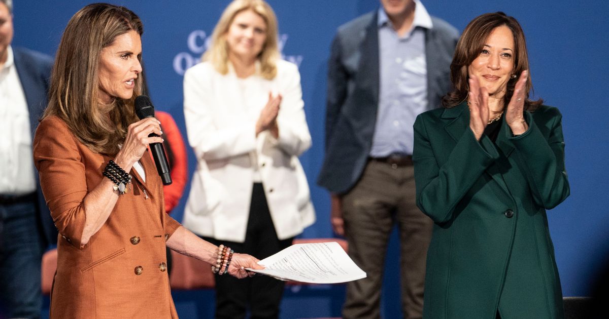 Maria Shriver, left, moderated a town hall for Vice President Kamala Harris, right, in Oakland County, Michigan, on Monday.