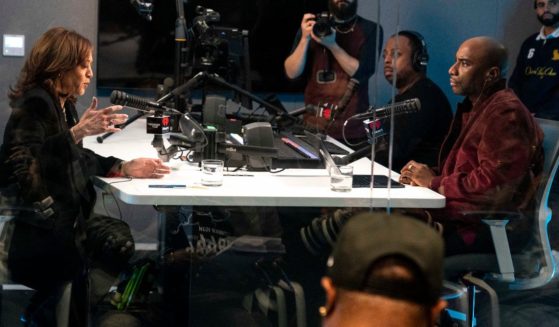 Vice President Kamala Harris, left, interviews with Charlamagne tha God, right, in Detroit, Michigan, on Tuesday.