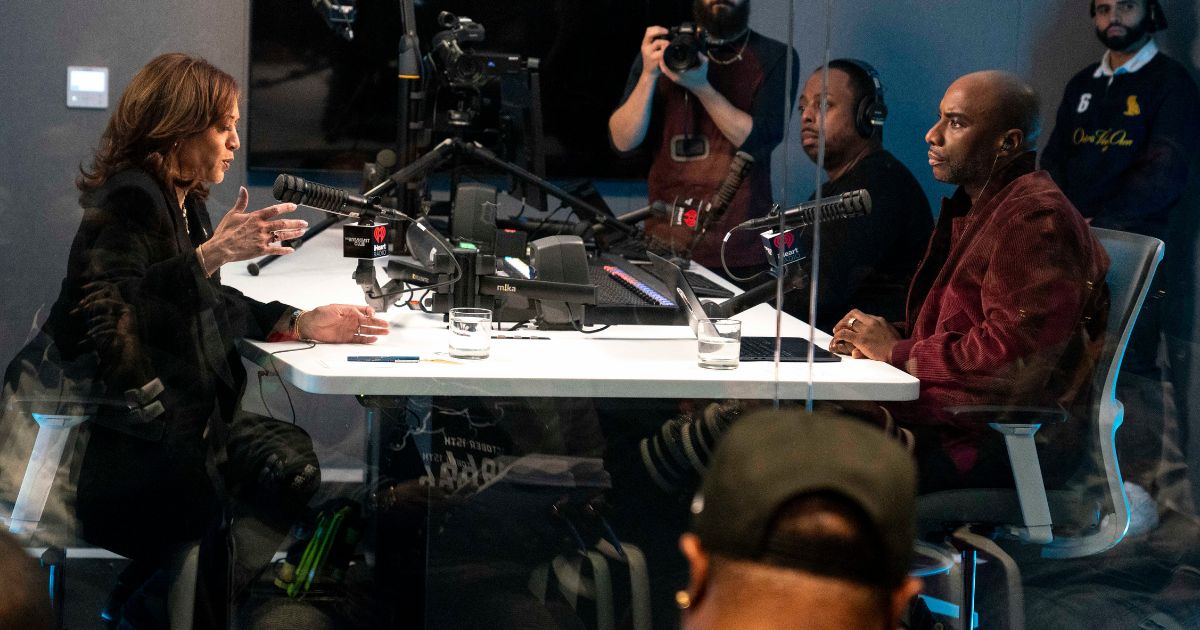 Vice President Kamala Harris, left, interviews with Charlamagne tha God, right, in Detroit, Michigan, on Tuesday.