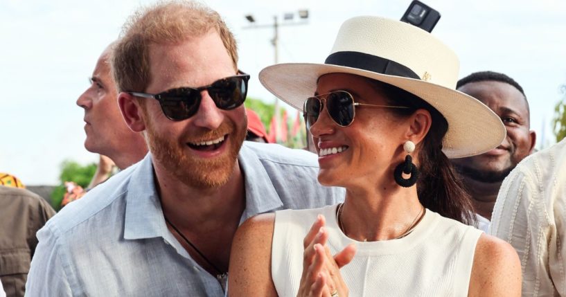 Prince Harry, Duke of Sussex, and Meghan, Duchess of Sussex, are pictured in San Basilio de Palenque during their trip to Colombia on Aug. 17.