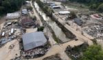 In an aerial view, flood damage wrought by Hurricane Helene is seen along the Swannanoa River in Asheville, North Carolina, on Thursday.