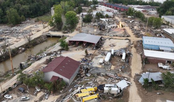 An aerial view shows flood damage wrought by Hurricane Helene along the Swannanoa River in Asheville, North Carolina, on Thursday.