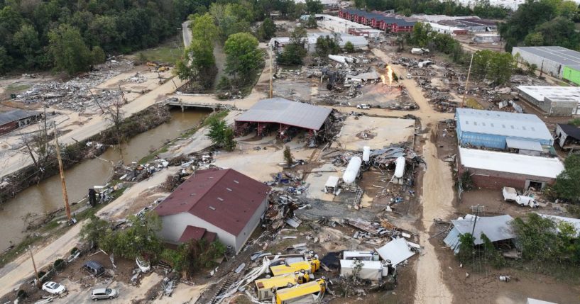 An aerial view shows flood damage wrought by Hurricane Helene along the Swannanoa River in Asheville, North Carolina, on Thursday.