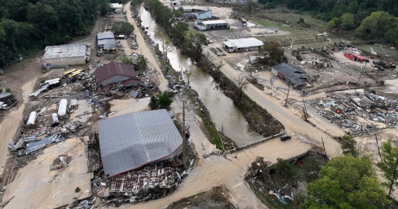 In an aerial view, flood damage wrought by Hurricane Helene is seen along the Swannanoa River in Asheville, North Carolina, on Thursday.