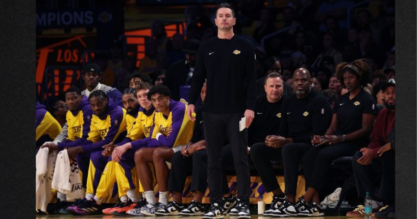 Head coach JJ Redick of the Los Angeles Lakers watches his team during the first quarter against the Minnesota Timberwolves at Crypto.com Arena Tuesday in Los Angeles.