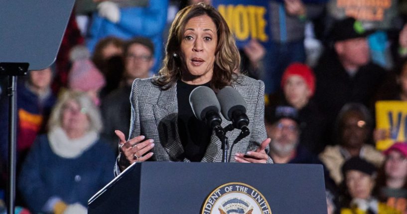 Vice President Kamala Harris speaks to supporters in Ann Arbor, Michigan, on Monday.