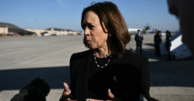 Vice President Kamala Harris talks to reporters before boarding Air Force Two at Joint Base Andrews in Maryland on Wednesday.