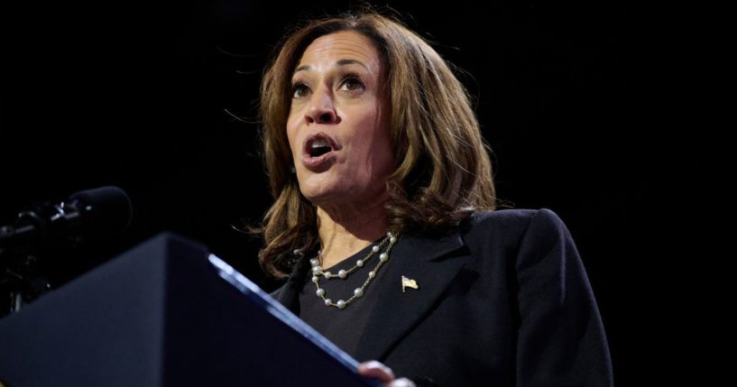 Vice President Kamala Harris speaks at a campaign event at the Erie Insurance Arena in Erie, Pennsylvania, on Monday.