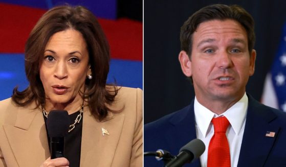 Florida Gov. Ron DeSantis, right, was asked for clarification on criticism that he refused to take a call from Vice President Kamala Harris, left, regarding hurricane preparations. "She has no role in this," DeSantis told CNBC.