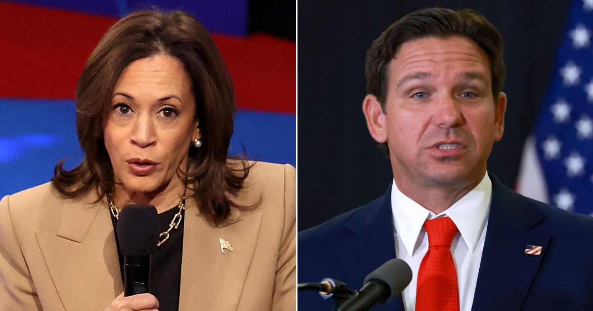 Florida Gov. Ron DeSantis, right, was asked for clarification on criticism that he refused to take a call from Vice President Kamala Harris, left, regarding hurricane preparations. "She has no role in this," DeSantis told CNBC.