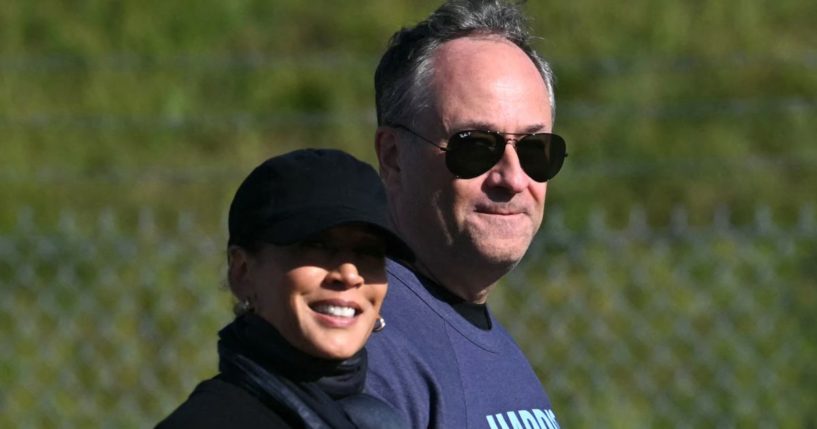 Vice President Kamala Harris, left, and second gentleman Doug Emhoff walk around the Pennsylvania Air National Guard Base, 171st Air Refueling Wing, in Moon Township, Pennsylvania, on Sept. 8.