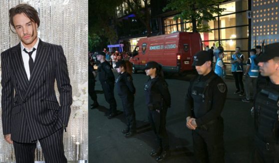 Police officers stand guard at the entrance of the hotel where British singer Liam Payne, left, died in Buenos Aires on Wednesday.