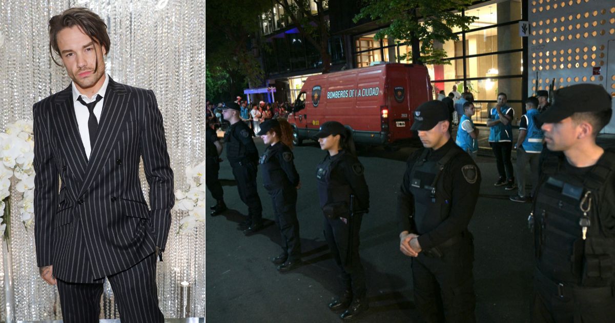 Police officers stand guard at the entrance of the hotel where British singer Liam Payne, left, died in Buenos Aires on Wednesday.