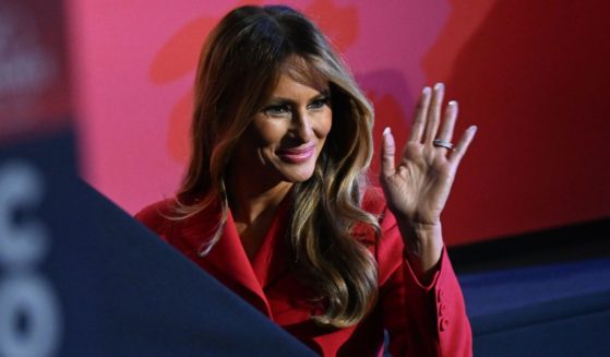 Former first lady Melania Trump waves to the crowd as she walks to the VIP box on the final night of the Republican National Convention in Milwaukee, Wisconsin, on July 18.