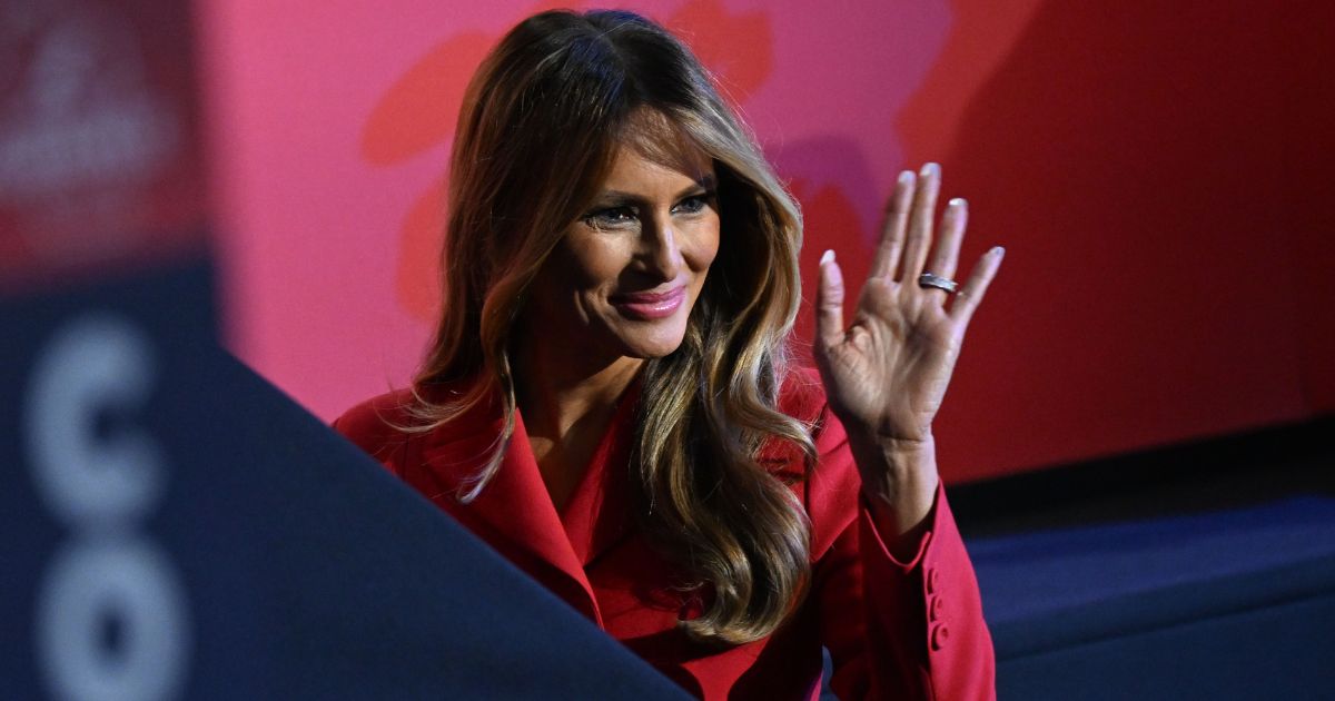 Former first lady Melania Trump waves to the crowd as she walks to the VIP box on the final night of the Republican National Convention in Milwaukee, Wisconsin, on July 18.