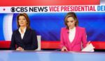 CBS News anchors Norah O’Donnell, left, and Margaret Brennan, right, moderate the debate between Sen. J.D. Vance and Gov. Tim Walz in New York City on Tuesday.