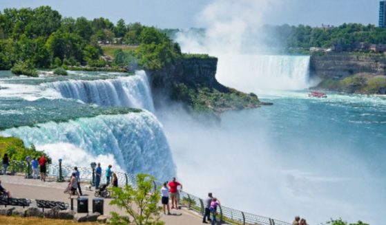 Both sides of NIagara Falls, as well as Goat Island, are pictured.