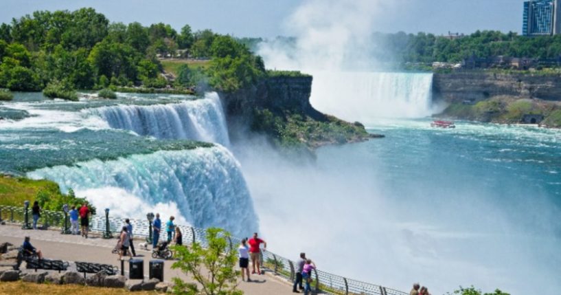 Both sides of NIagara Falls, as well as Goat Island, are pictured.