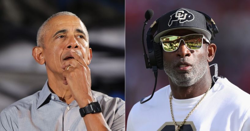 Former President Barack Obama, left, pandered to a Tucson, Arizona, crowd on Friday, making a comment about the Arizona Wildcats playing the Colorado Buffaloes. After Colorado defeated the Wildcats on Saturday, Colorado coach Deion Sanders spoke out against Obama.