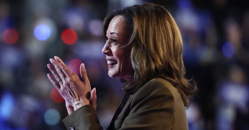 Democratic presidential nominee, Vice President Kamala Harris applauds after speaking during a campaign rally at the Expo at World Market Center on September 29, 2024 in Las Vegas, Nevada.