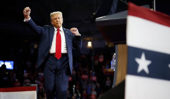 Republican presidential nominee, former U.S. President Donald Trump dances off stage at the conclusion of a campaign rally at the Santander Arena on October 09, 2024 in Reading, Pennsylvania.