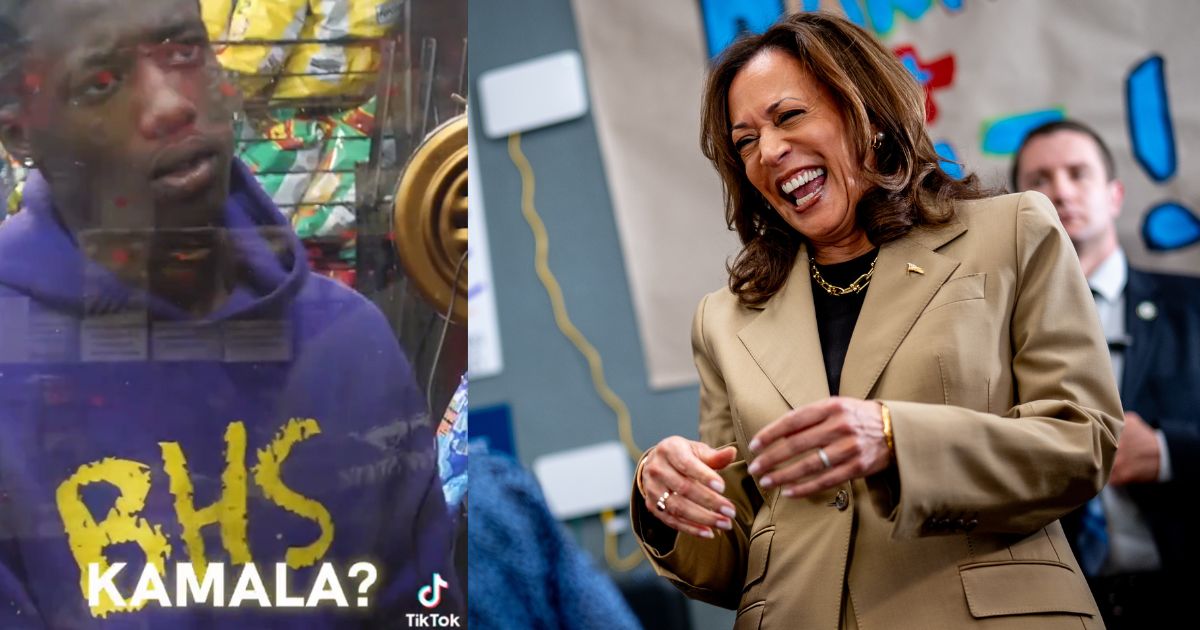 Composite image of Kamala Harris and a gas station patron.